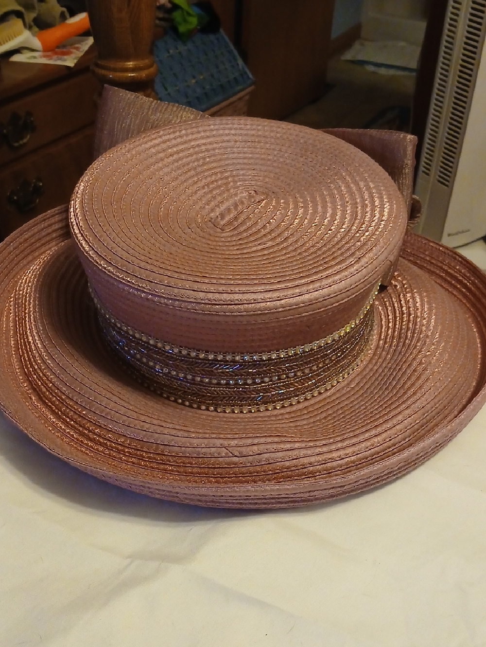 Refined MauveStraw Dress Hat with Embellished Band